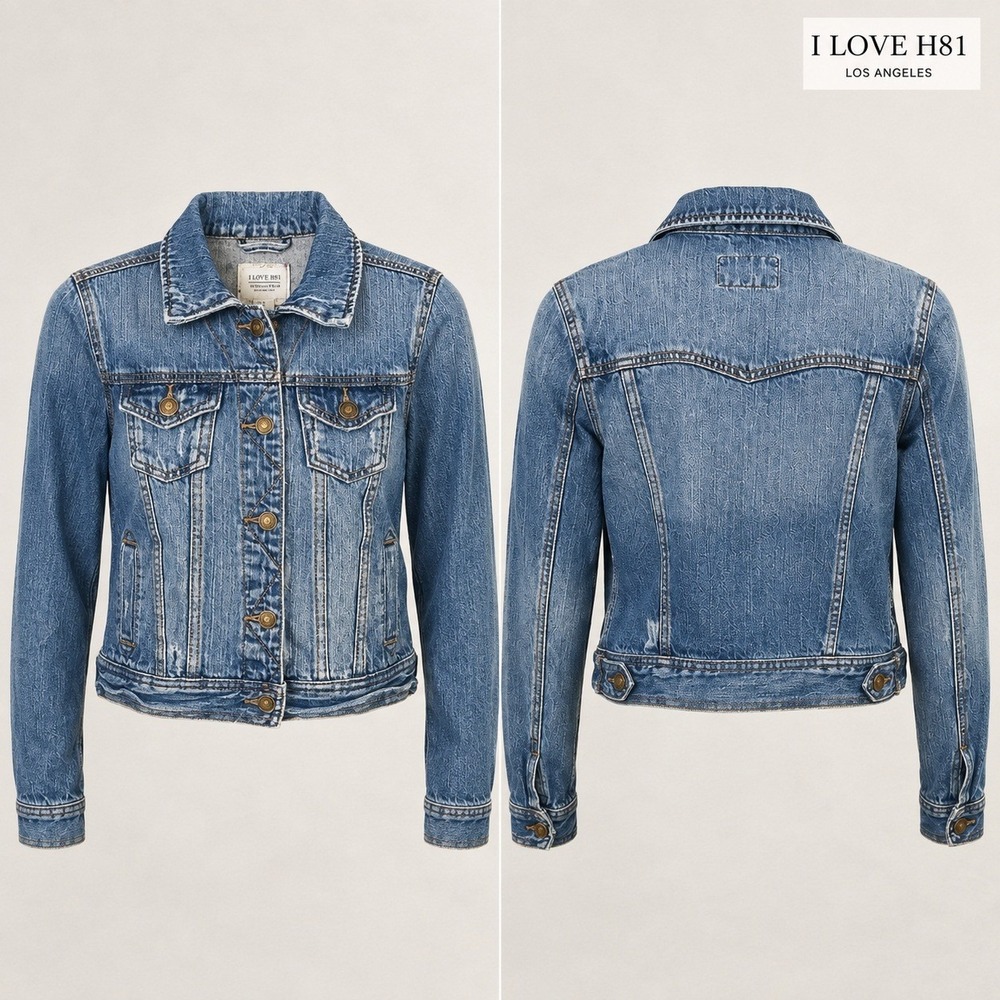 I Love H81 Denim Jacket SMALL Cropped Medium Wash Cotton Button Front Distressed